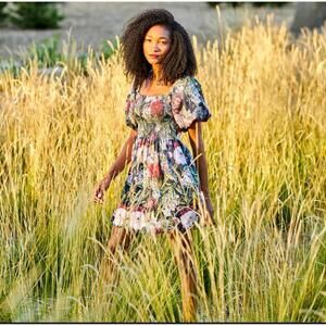 Maxwell & Geraldine The Sarah Short Dress Dark Floral Size S Cottagecore Puff